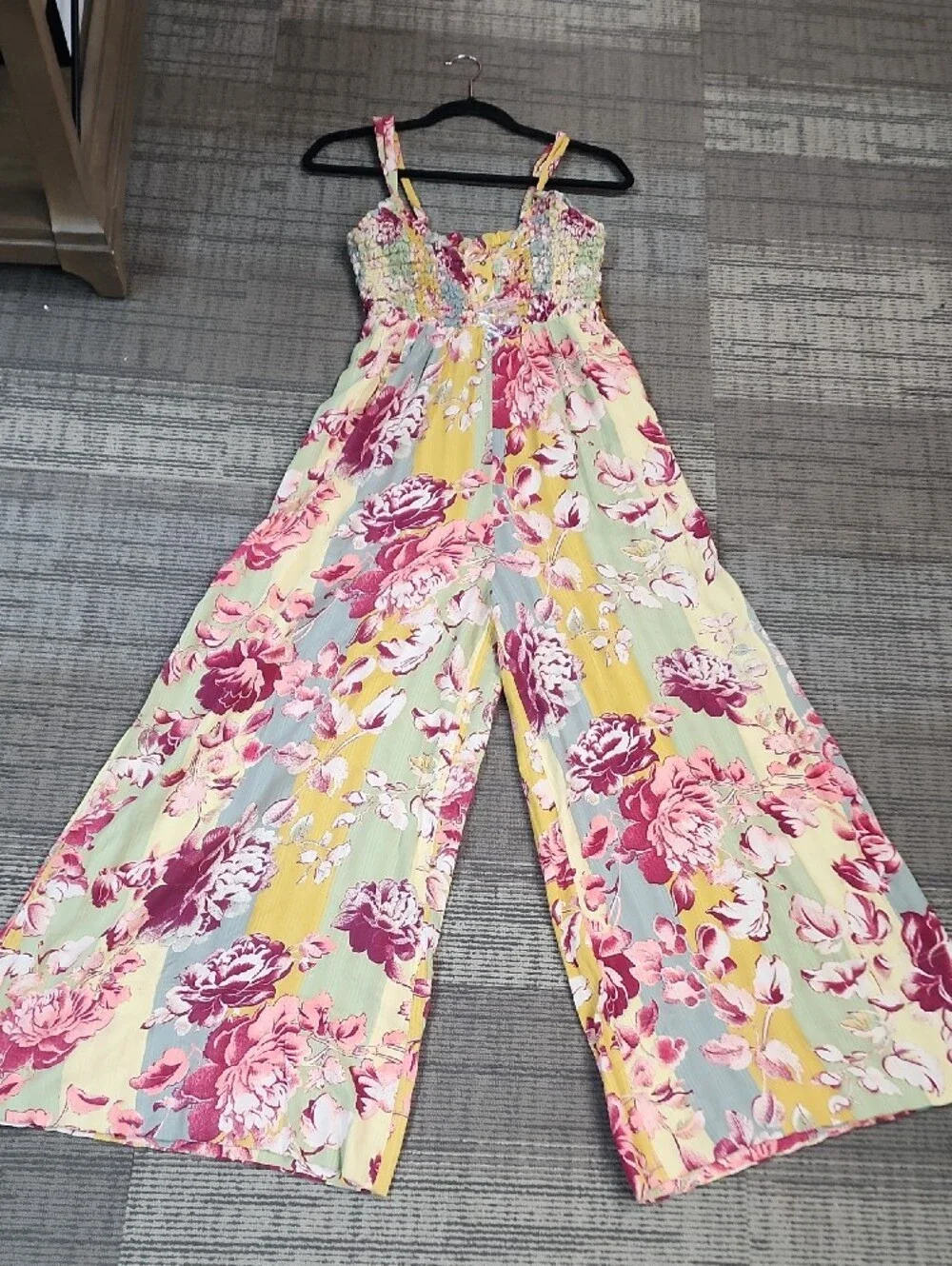 Free People Yellow Floral Smocked Jumpsuit with Burgundy Accents